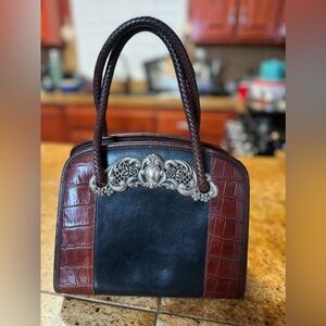 Brighton Croc Vtg Leather Satchel Embossed Classic Silver Trim Bag Purse
